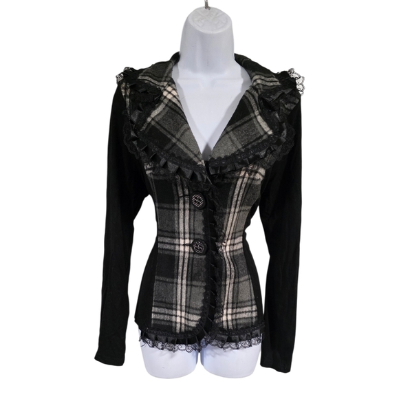 Alison Sheri Gothic Victorian Plaid Ruffle Lace Blazer Jacket Black Gray M - Picture 2 of 4